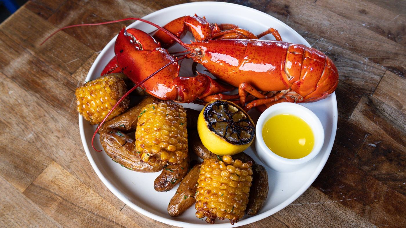 Whole lobster with corn and brown butter